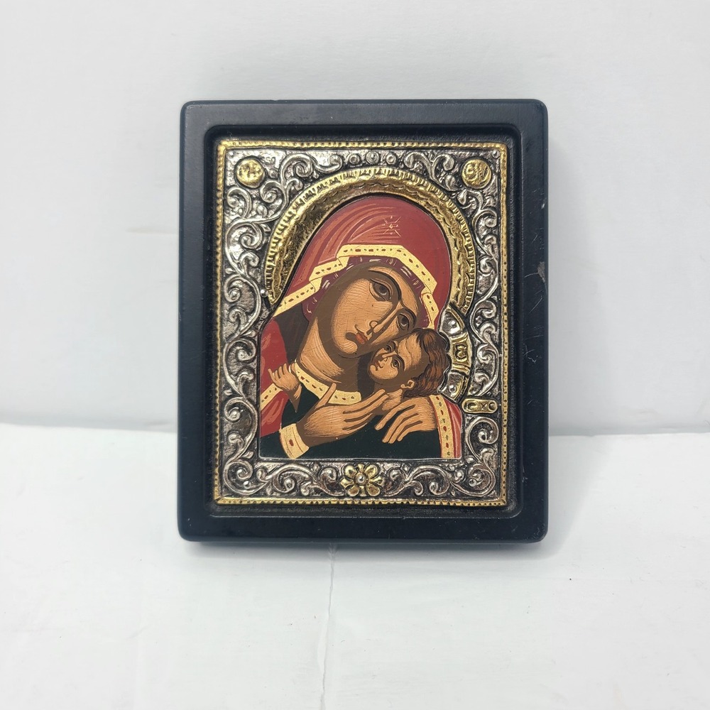 Byzantine Carved Wood Icon The Virgin Of Tenderness Sterling Silver 24k Details